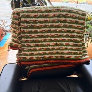 Handmade Cozy Striped Crochet Throw Blanket Green Orange &White 64” x 54” MCM